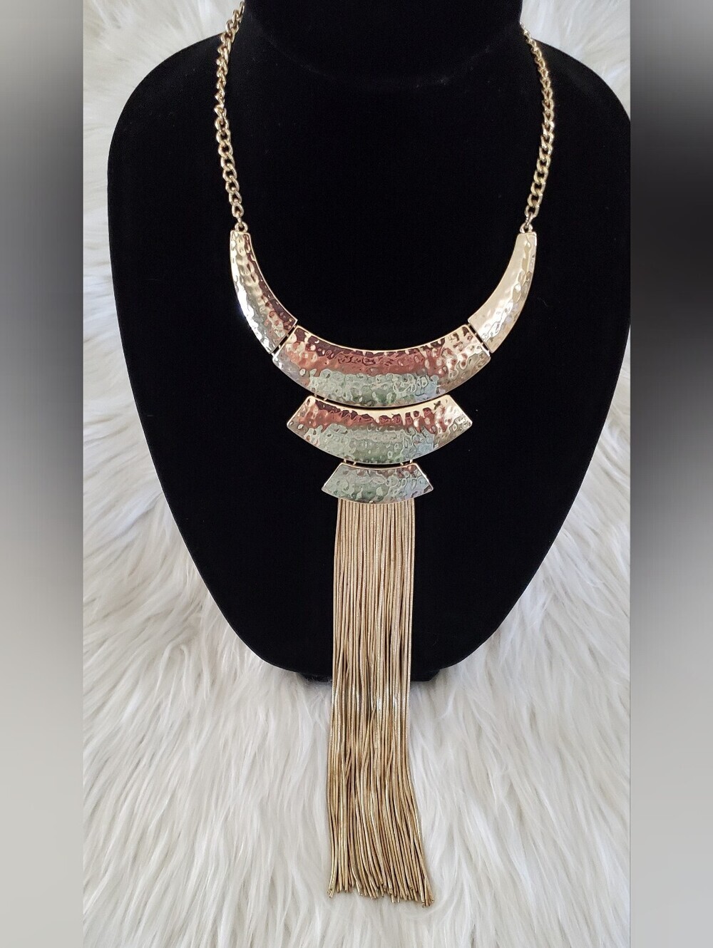 White House Black Market Gold Hammered Long Fringe Chunky Statement Necklace
